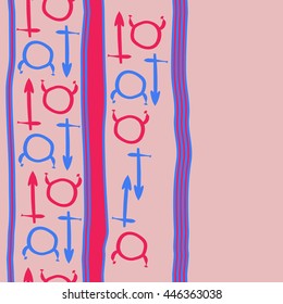 Vertical seamless  pattern of zodiac signs, doodles,  object, taurus,sagittarius, stripes, copy space. Hand drawn.