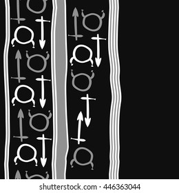 Vertical seamless  pattern of zodiac signs, doodles,  object, taurus,sagittarius, stripes, copy space. Hand drawn.