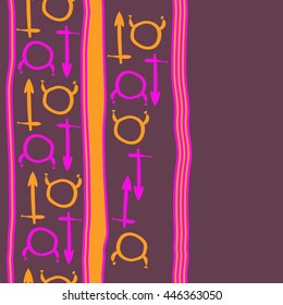 Vertical seamless  pattern of zodiac signs, doodles,  object, taurus,sagittarius, stripes, copy space. Hand drawn.