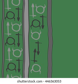 Vertical seamless  pattern of zodiac signs, doodles,  object, taurus,sagittarius, stripes, copy space. Hand drawn.