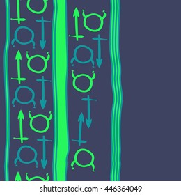 Vertical seamless  pattern of zodiac signs, doodles,  object, taurus,sagittarius, stripes, copy space. Hand drawn.
