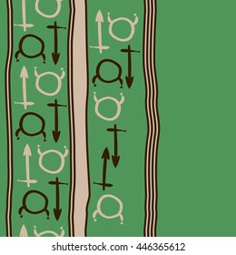 Vertical seamless  pattern of zodiac signs, doodles,  object, taurus,sagittarius, stripes, copy space. Hand drawn.