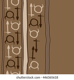 Vertical seamless  pattern of zodiac signs, doodles,  object, taurus,sagittarius, stripes, copy space. Hand drawn.