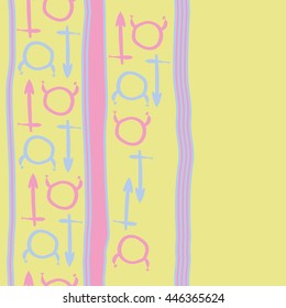 Vertical seamless  pattern of zodiac signs, doodles,  object, taurus,sagittarius, stripes, copy space. Hand drawn.