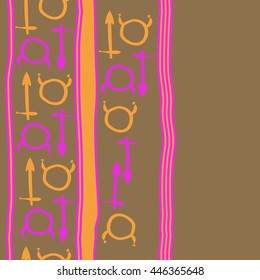 Vertical seamless  pattern of zodiac signs, doodles,  object, taurus,sagittarius, stripes, copy space. Hand drawn.