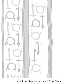 Vertical seamless  pattern of zodiac signs, doodles,  object, taurus,sagittarius, stripes, copy space. Hand drawn.