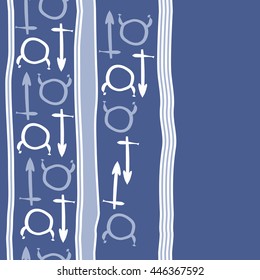Vertical seamless  pattern of zodiac signs, doodles,  object, taurus,sagittarius, stripes, copy space. Hand drawn.