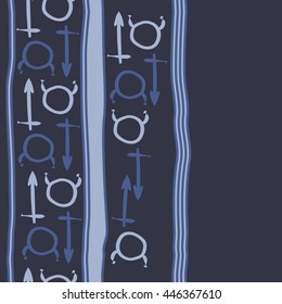 Vertical seamless  pattern of zodiac signs, doodles,  object, taurus,sagittarius, stripes, copy space. Hand drawn.