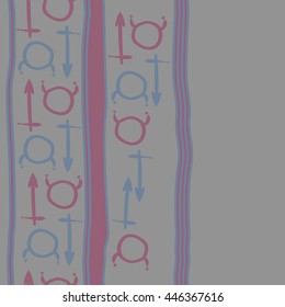 Vertical seamless  pattern of zodiac signs, doodles,  object, taurus,sagittarius, stripes, copy space. Hand drawn.