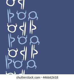 Vertical seamless pattern of zodiac signs, doodles,  object, taurus,libra,  copy space. Hand drawn.