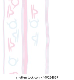 Vertical seamless  pattern of zodiac signs, doodles,  object, taurus,libra, stripes, spot, copy space. Hand drawn.