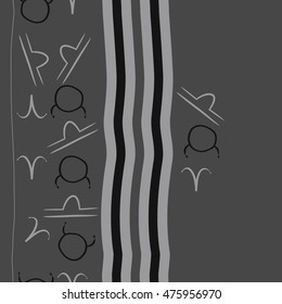 Vertical seamless  pattern of zodiac signs, stripes. Hand drawn.