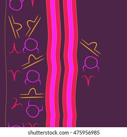 Vertical seamless  pattern of zodiac signs, stripes. Hand drawn.