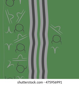 Vertical seamless  pattern of zodiac signs, stripes. Hand drawn.