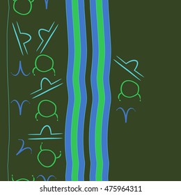 Vertical seamless  pattern of zodiac signs, stripes. Hand drawn.