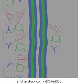 Vertical seamless  pattern of zodiac signs, stripes. Hand drawn.