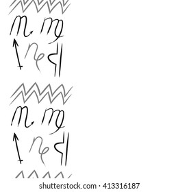 Vertical  seamless  pattern of zodiac signs,libra, doodles,lions, capricorn,object,aquarius, virgo,sagittarius,scorpio, copy space. Hand drawn.
