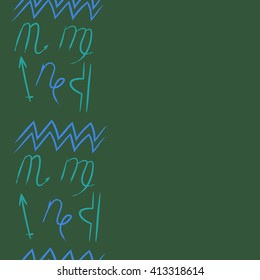 Vertical  seamless  pattern of zodiac signs,libra, doodles,lions, capricorn,object,aquarius, virgo,sagittarius,scorpio, copy space. Hand drawn.