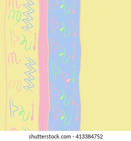 Vertical  seamless  pattern of zodiac signs,libra, doodles,lions, capricorn,object,aquarius, virgo,sagittarius,scorpio,stripes, copy space. Hand drawn.