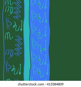 Vertical  seamless  pattern of zodiac signs,libra, doodles,lions, capricorn,object,aquarius, virgo,sagittarius,scorpio,stripes, copy space. Hand drawn.