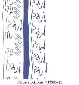 Vertical  seamless  pattern of zodiac signs,libra, doodles,lions, capricorn,object,aquarius, virgo,sagittarius,scorpio,stripes, copy space. Hand drawn.