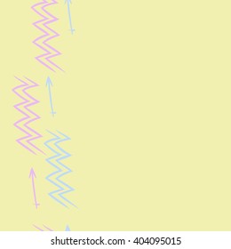 Vertical seamless pattern of zodiac sings, aquarius, sagittarius, zigzags, copy space. Hand drawn.