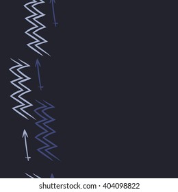 Vertical seamless pattern of zodiac sings, aquarius, sagittarius, zigzags, copy space. Hand drawn.