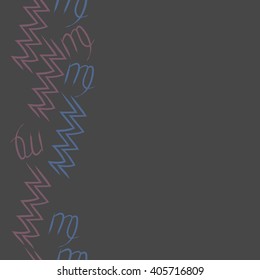 Vertical seamless   pattern of zodiac sings, virgo, aquarius,zigzag, copy space. Hand drawn.