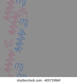 Vertical seamless   pattern of zodiac sings, virgo, aquarius,zigzag, copy space. Hand drawn.