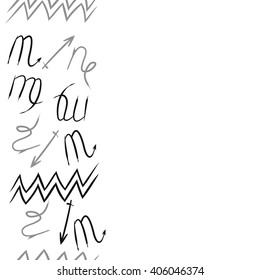 Vertical seamless   pattern of zodiac sings, virgo, aquarius,scorpio, sagittarius, capricorn,zigzag, copy space. Hand drawn.