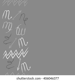 Vertical seamless   pattern of zodiac sings, virgo, aquarius,scorpio, sagittarius, capricorn,zigzag, copy space. Hand drawn.