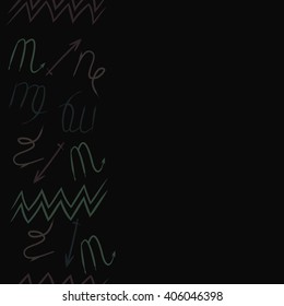 Vertical seamless   pattern of zodiac sings, virgo, aquarius,scorpio, sagittarius, capricorn,zigzag, copy space. Hand drawn.