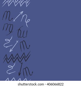 Vertical seamless   pattern of zodiac sings, virgo, aquarius,zigzag, copy space. Hand drawn.