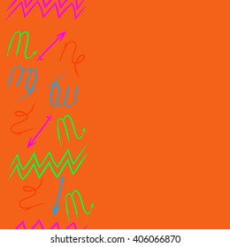 Vertical seamless   pattern of zodiac sings, virgo, aquarius,zigzag, copy space. Hand drawn.