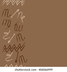 Vertical seamless   pattern of zodiac sings, virgo, aquarius,zigzag, copy space. Hand drawn.