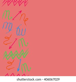 Vertical seamless   pattern of zodiac sings, virgo, aquarius,zigzag, copy space. Hand drawn.