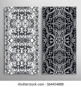 Vertical seamless patterns collection with floral geometric and lace texture for Wedding, Bridal, Valentine's day, greeting cards or Birthday Invitations, fabric or paper print. Black and white