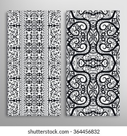 Vertical seamless patterns collection with floral geometric and lace texture for Wedding, Bridal, Valentine's day, greeting cards or Birthday Invitations, fabric or paper print. Black and white