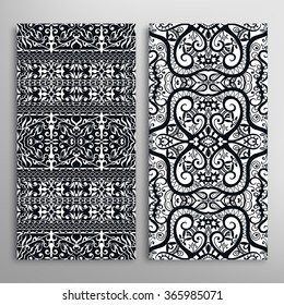 Vertical seamless patterns collection with floral geometric and lace texture for Wedding, Bridal, Valentine's day, greeting cards or Birthday Invitations, fabric or paper print. Black and white