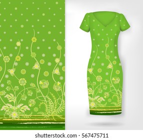 Vertical seamless patterns collection with floral texture for clothes, bedclothes, Bridal, greeting cards, fabric or paper print. An example of the pattern of the dress mock up. Yellow on light green 