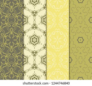 Vertical Seamless Patterns Set, Abstract Floral Geometric Texture. Ornament For Interior Design, Greeting Cards, Birthday Or Wedding Invitations, Paper Print. Ethnic