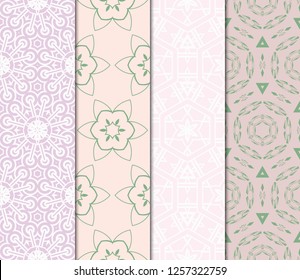 Vertical Seamless Patterns Set, Abstract Floral Geometric Texture. Ornament For Interior Design, Greeting Cards, Birthday Or Wedding Invitations, Paper Print. Ethnic Background In East Style