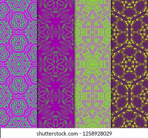 Vertical Seamless Patterns Set, Abstract Floral Geometric Texture. Ornament For Interior Design, Greeting Cards, Birthday Or Wedding Invitations, Paper Print. Ethnic Background In East Style.