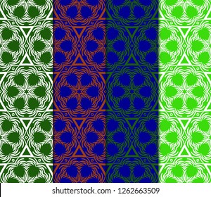 Vertical Seamless Patterns Set, Abstract Floral Geometric Texture. Ornament For Interior Design, Greeting Cards, Birthday Or Wedding Invitations, Paper Print. Ethnic Background In East Style.
