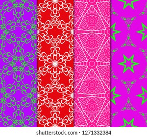 Vertical Seamless Patterns Set, Abstract Floral Geometric Texture. Ornament For Interior Design, Greeting Cards, Birthday Or Wedding Invitations, Paper Print. Ethnic Background In East Style.