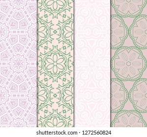 Vertical Seamless Patterns Set, Abstract Floral Geometric Texture. Ornament For Interior Design, Greeting Cards, Birthday Or Wedding Invitations, Paper Print. Ethnic Background In East Style