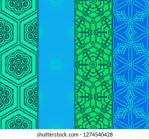 Vertical Seamless Patterns Set, Abstract Floral Geometric Texture. Ornament For Interior Design, Greeting Cards, Birthday Or Wedding Invitations, Paper Print. Ethnic Background In East Style.
