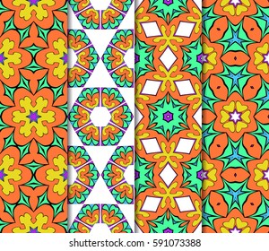 Vertical seamless patterns set, abstract floral geometric texture. Ornament for interior design, greeting cards, birthday or wedding invitations, paper print. Ethnic background in east style.