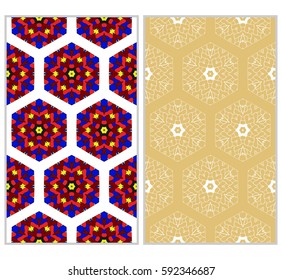 Vertical seamless patterns set, abstract floral geometric texture. Ornament for interior design, greeting cards, birthday or wedding invitations, paper print. Ethnic background in east style.