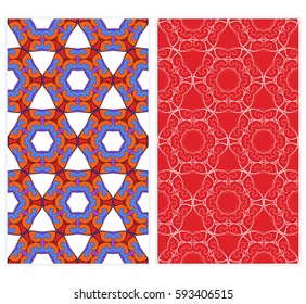 Vertical seamless patterns set, abstract floral geometric texture. Ornament for interior design, greeting cards, birthday or wedding invitations, paper print. Ethnic background in east style.